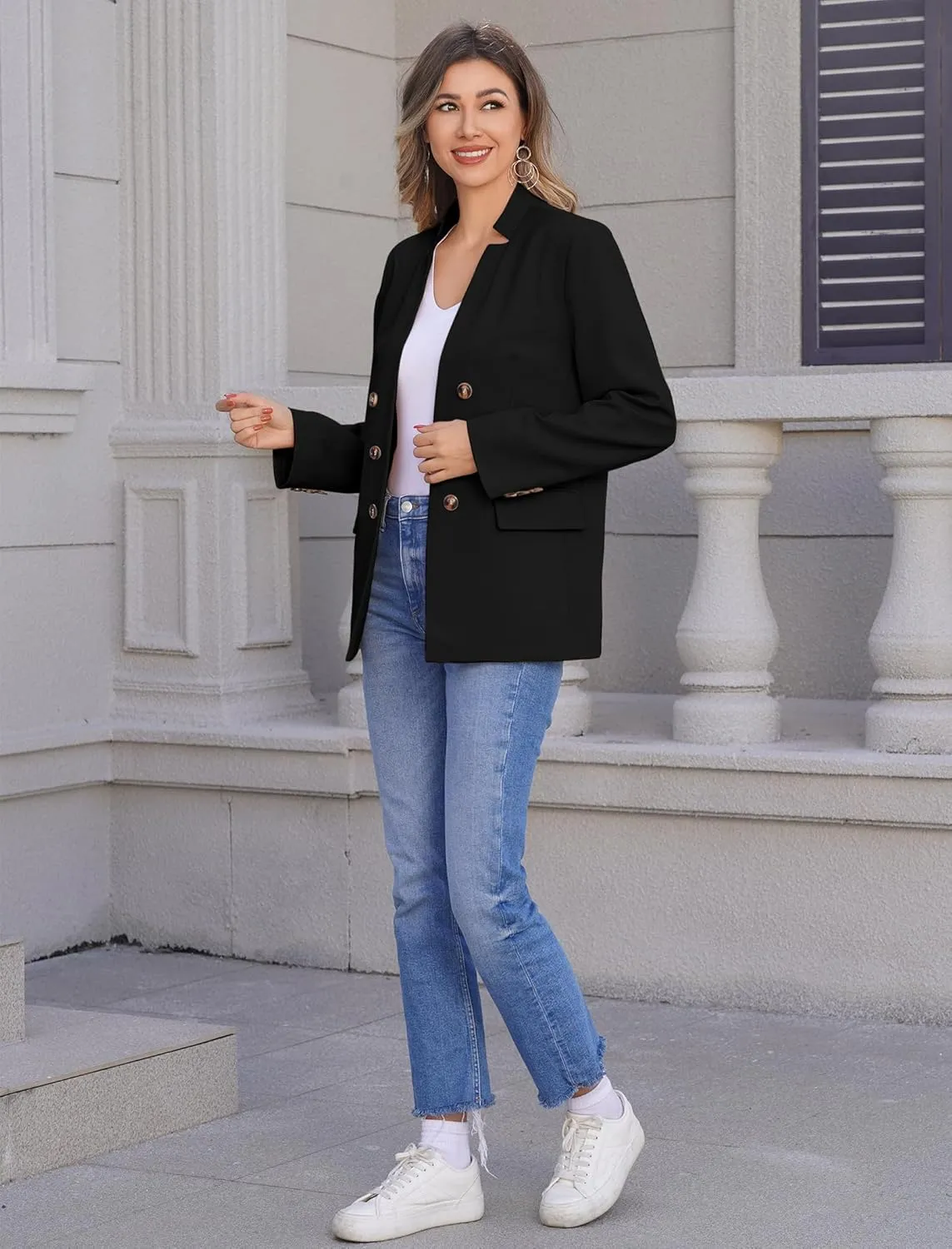 ABAFIP Women's Casual Blazer Suit Jacket Long Sleeve Stand Collar Button Down Work Office Coat Outwear