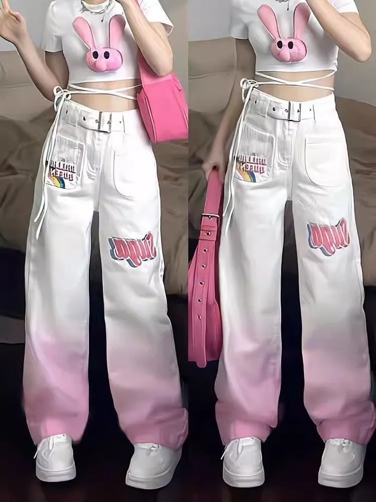 American INS Retro Gradient Pink Printed Jeans for Women – Summer High-Waisted Loose Straight-Leg Wide-Leg Pants