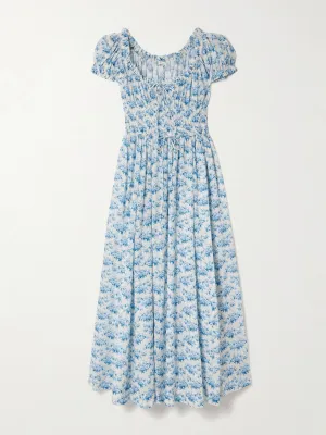 Ashlynn tie-detailed shirred floral-print organic cotton-voile midi dress