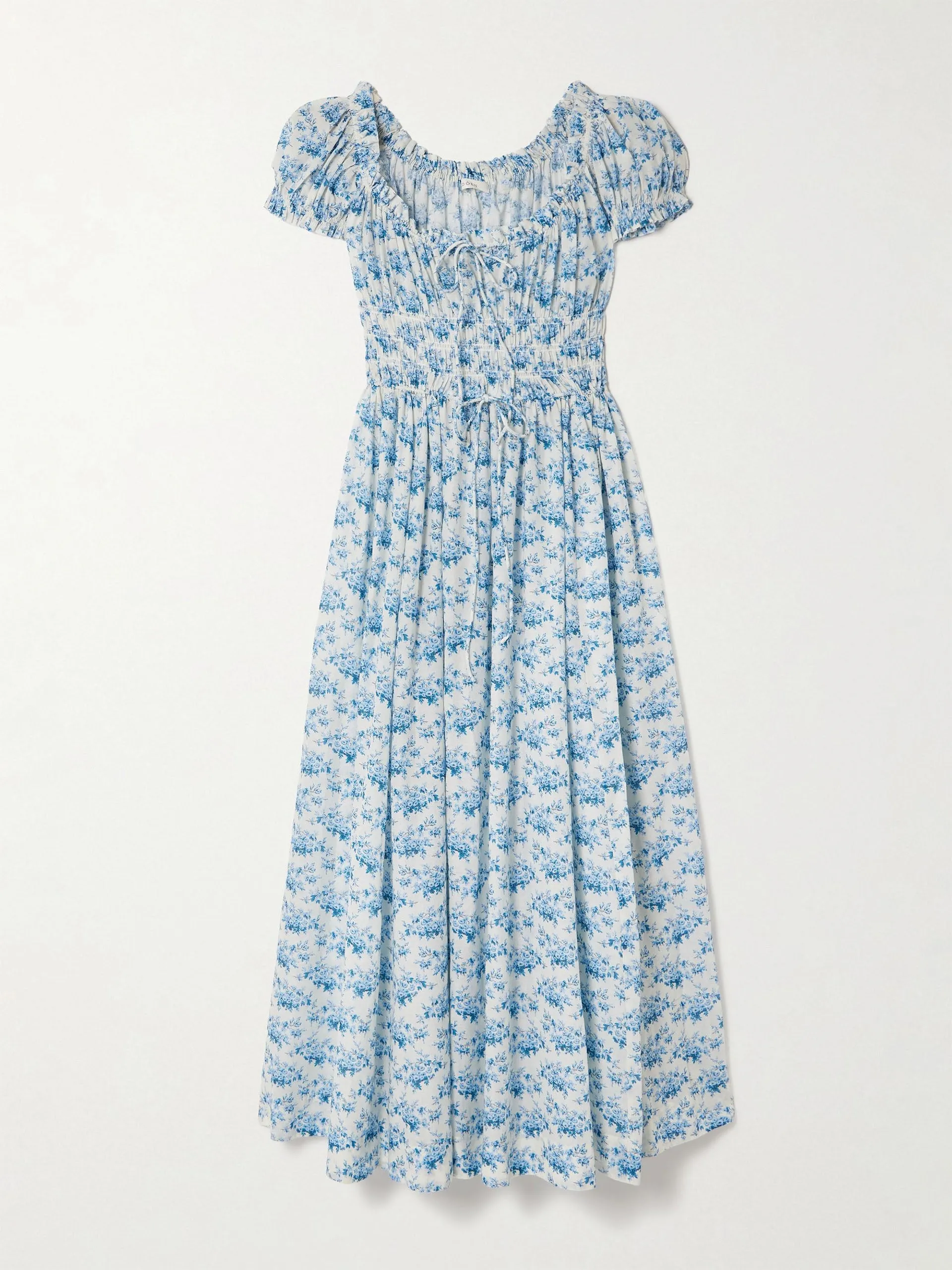 Ashlynn tie-detailed shirred floral-print organic cotton-voile midi dress
