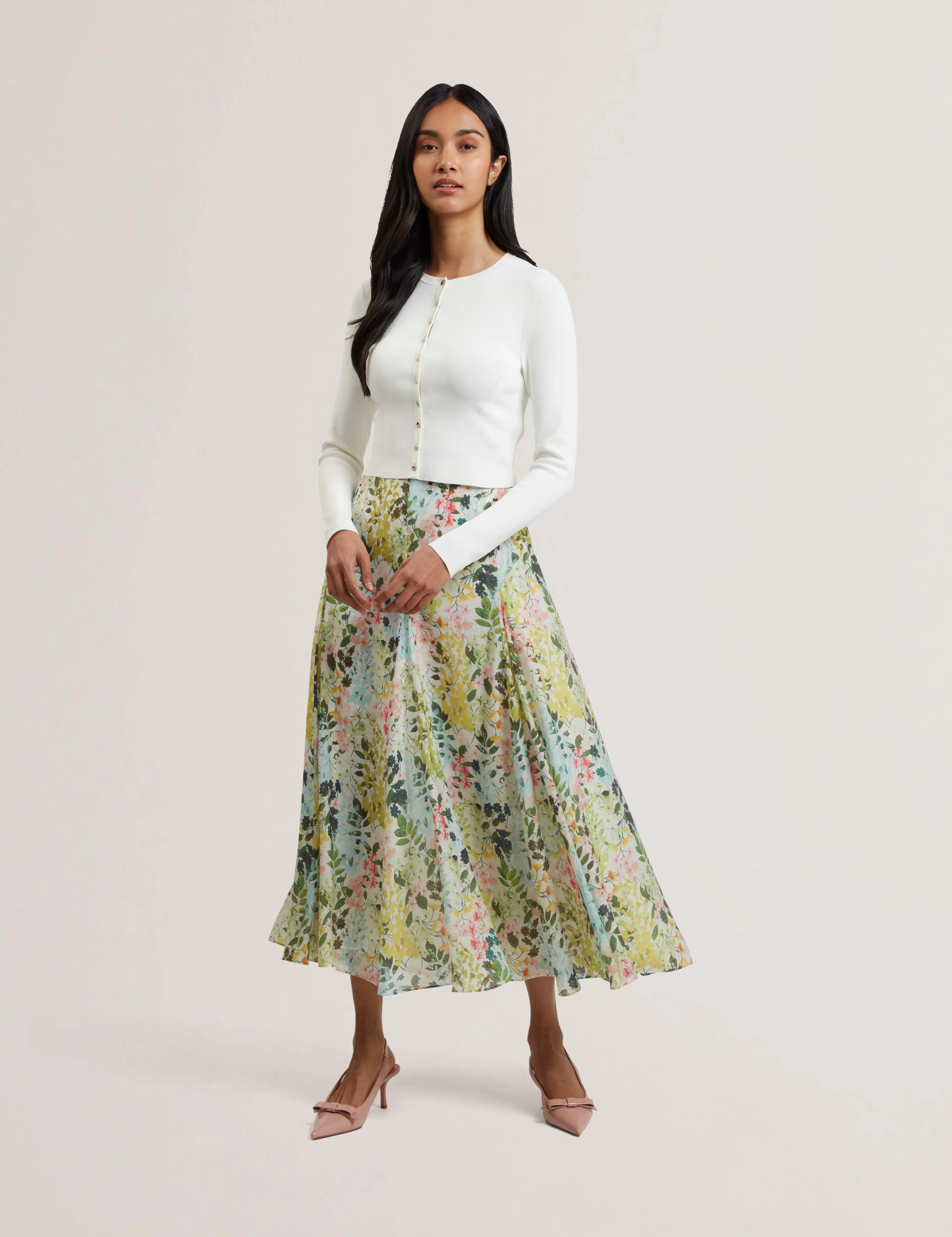 Azulla Printed Seam Detailing Midi Skirt Ivory