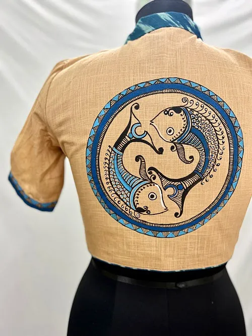 Beige Blue Alpona Fish Motif Handpainted Colllared Blouse