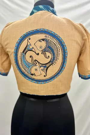 Beige Blue Alpona Fish Motif Handpainted Colllared Blouse