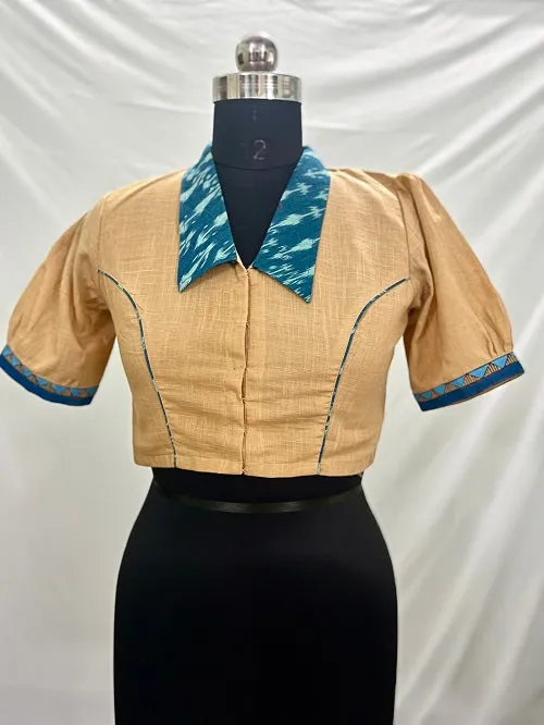 Beige Blue Alpona Fish Motif Handpainted Colllared Blouse