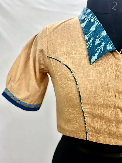 Beige Blue Alpona Fish Motif Handpainted Colllared Blouse
