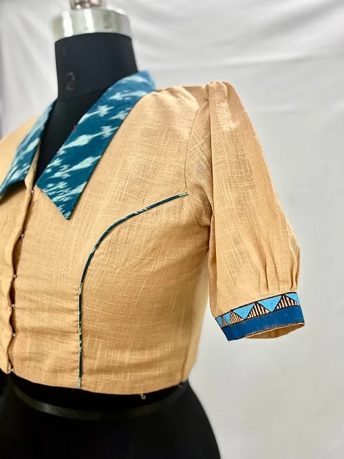 Beige Blue Alpona Fish Motif Handpainted Colllared Blouse