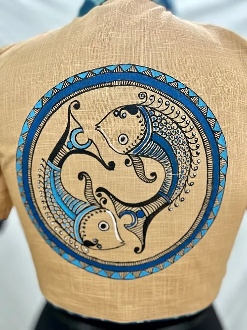 Beige Blue Alpona Fish Motif Handpainted Colllared Blouse