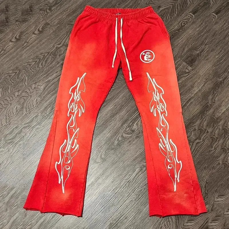 Blavra Red Vintage Graphic Hip-Hop Stylish Washed Flared Trousers