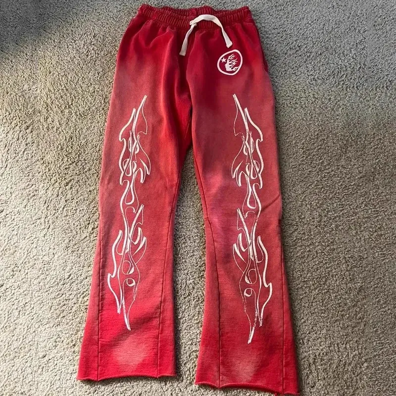 Blavra Red Vintage Graphic Hip-Hop Stylish Washed Flared Trousers