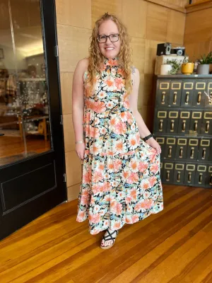 BOHO FLORAL MAXI DRESS WITH HIGH NECK AND TIE