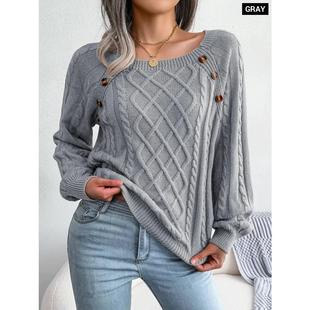 Casual Square Collar Buttons Long Sleeve Knitted Pullovers and Sweaters for Women