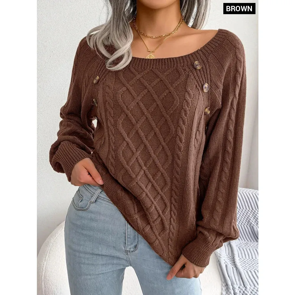 Casual Square Collar Buttons Long Sleeve Knitted Pullovers and Sweaters for Women