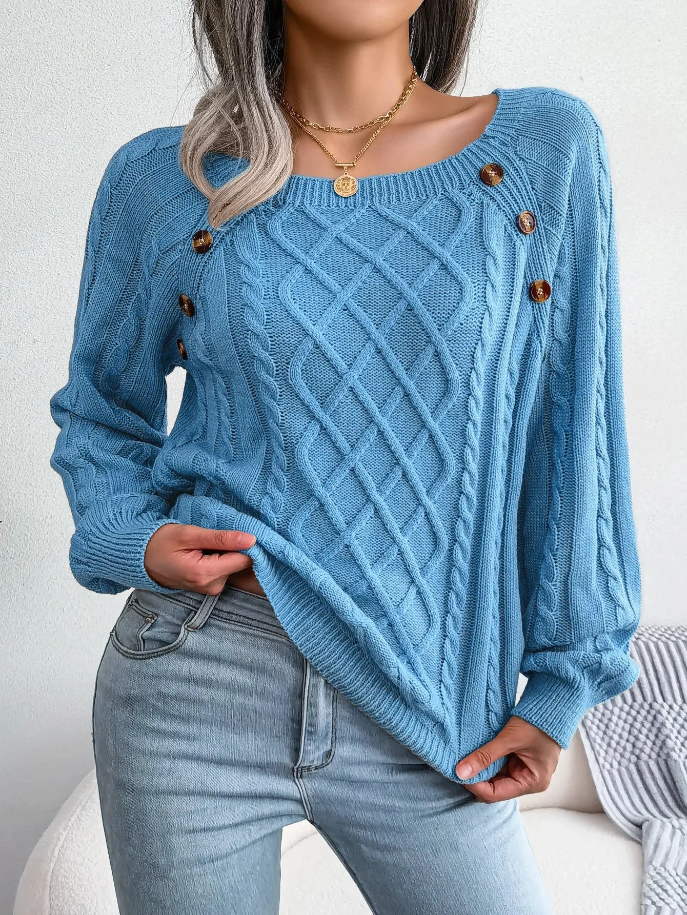 Casual Square Collar Buttons Long Sleeve Knitted Pullovers and Sweaters for Women