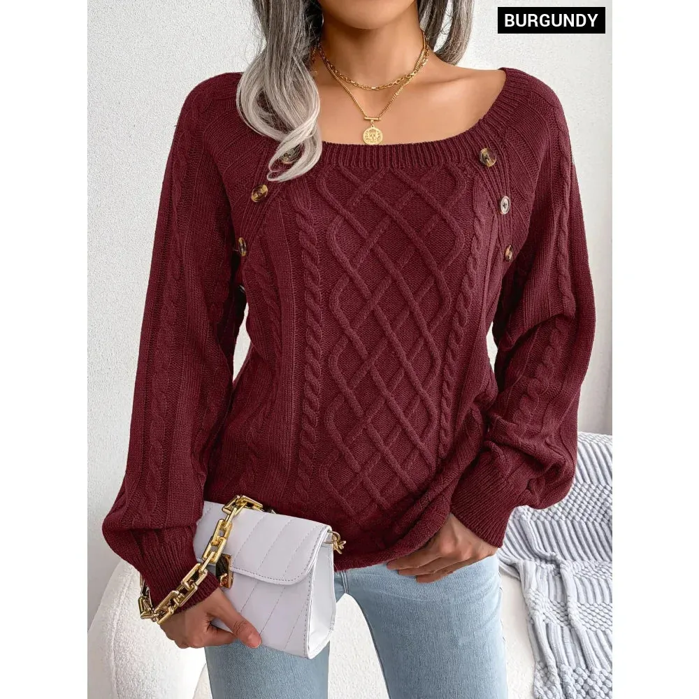 Casual Square Collar Buttons Long Sleeve Knitted Pullovers and Sweaters for Women
