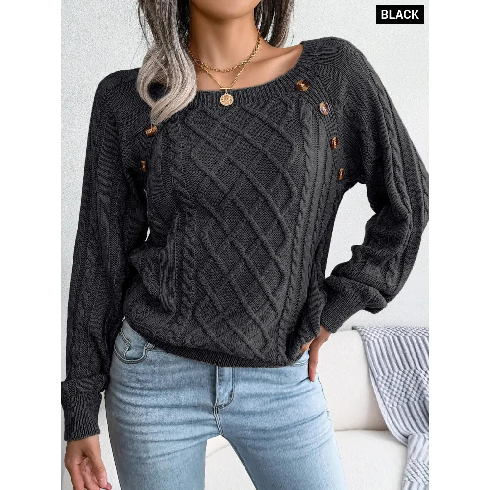 Casual Square Collar Buttons Long Sleeve Knitted Pullovers and Sweaters for Women