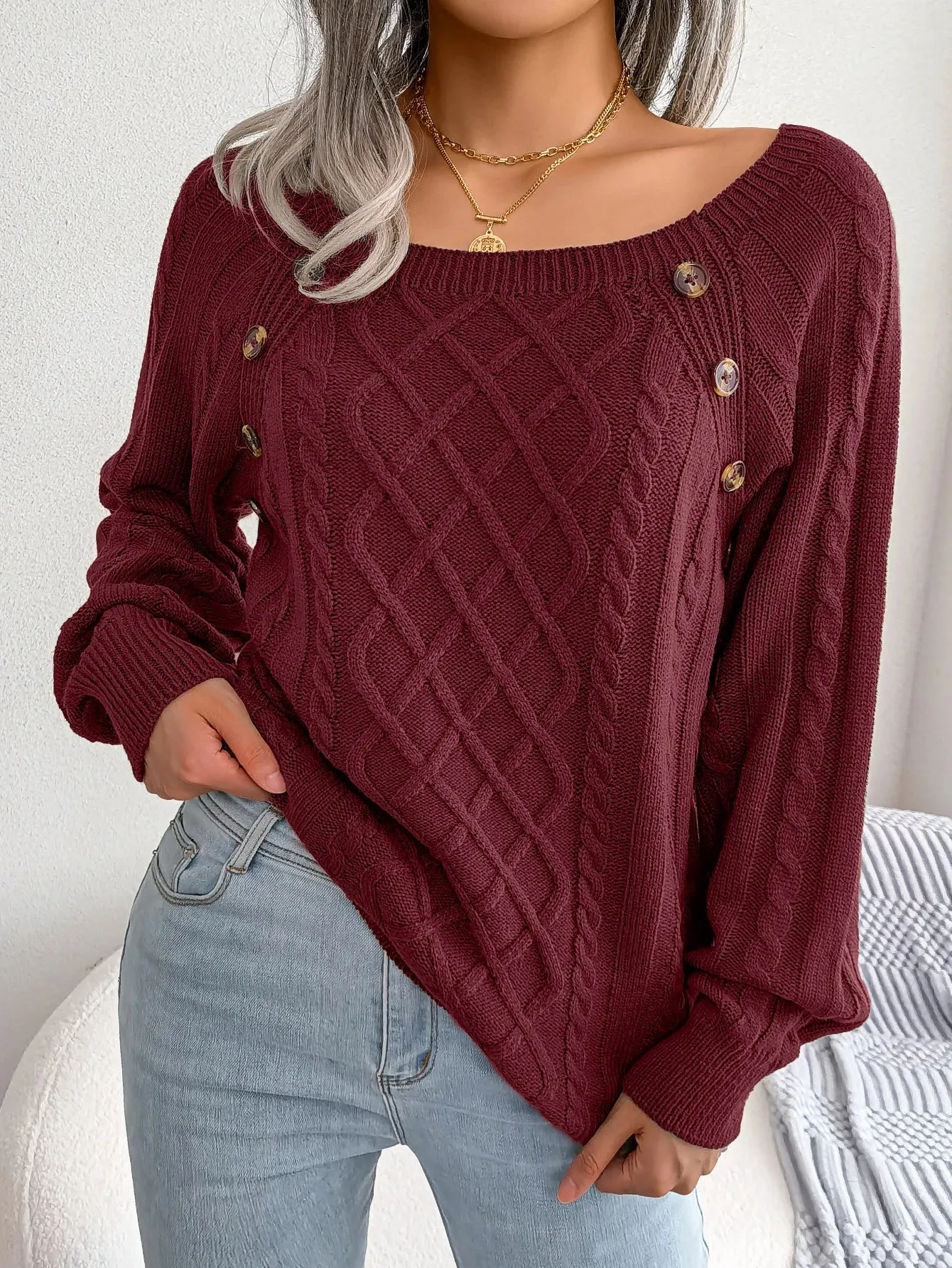 Casual Square Collar Buttons Long Sleeve Knitted Pullovers and Sweaters for Women