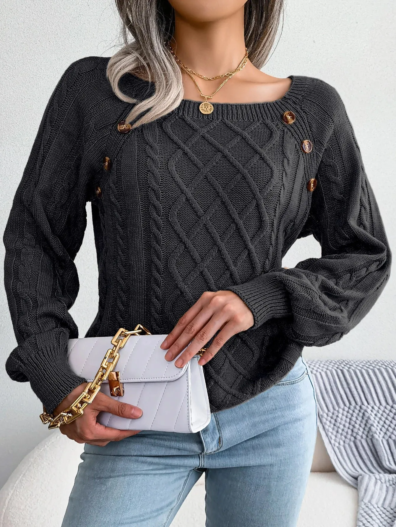 Casual Square Collar Buttons Long Sleeve Knitted Pullovers and Sweaters for Women