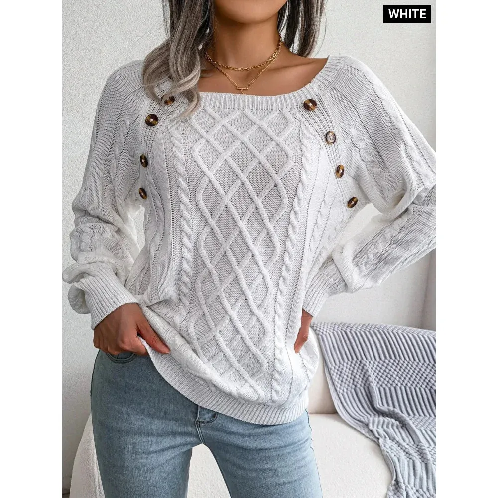 Casual Square Collar Buttons Long Sleeve Knitted Pullovers and Sweaters for Women