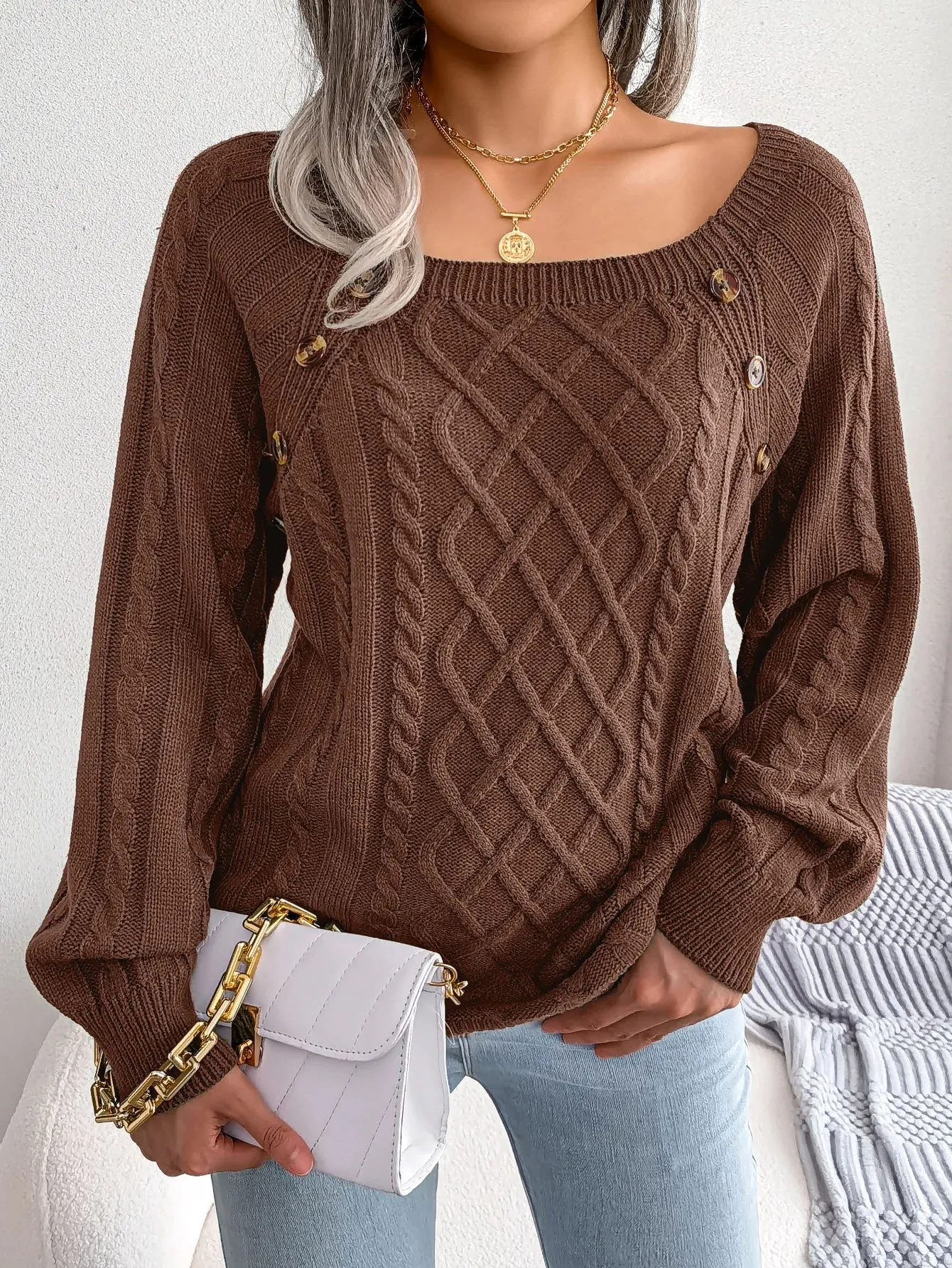 Casual Square Collar Buttons Long Sleeve Knitted Pullovers and Sweaters for Women
