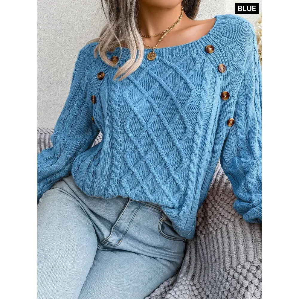 Casual Square Collar Buttons Long Sleeve Knitted Pullovers and Sweaters for Women