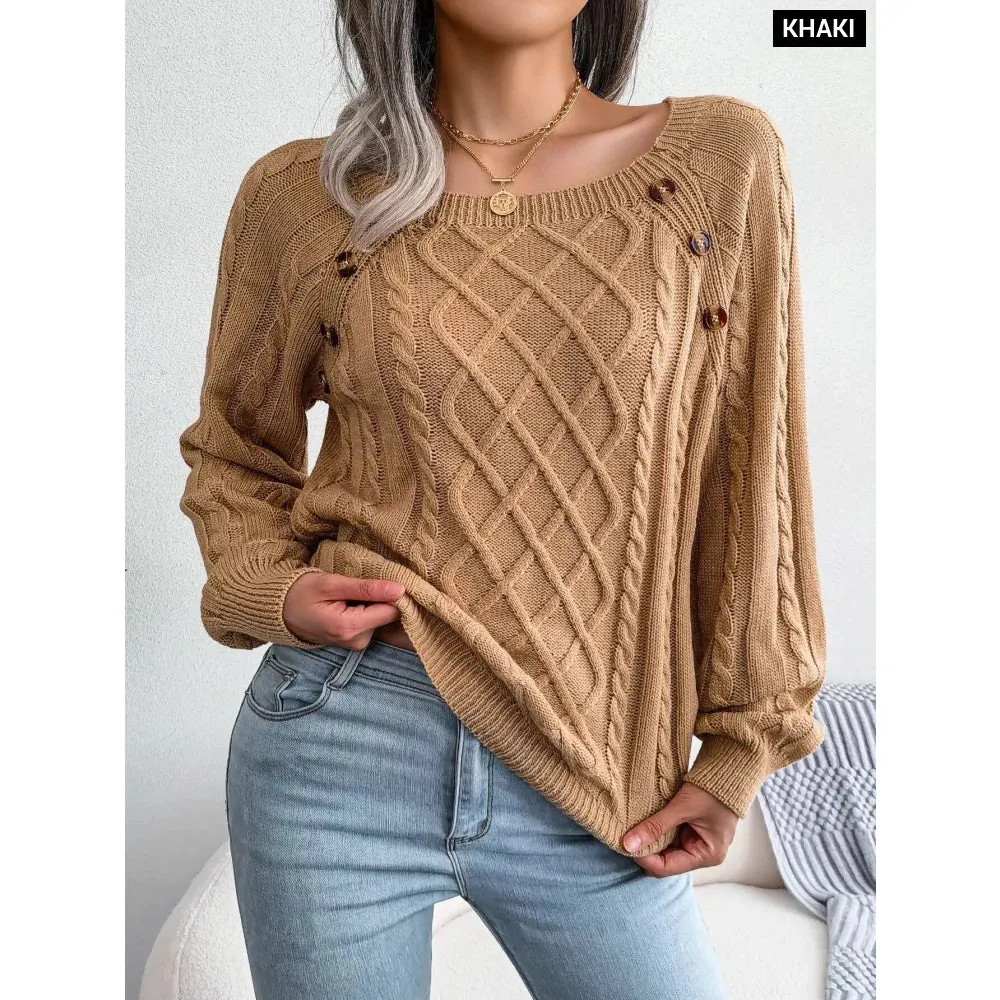 Casual Square Collar Buttons Long Sleeve Knitted Pullovers and Sweaters for Women