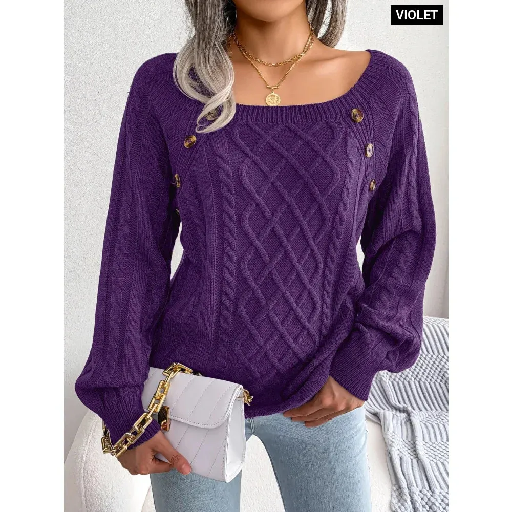 Casual Square Collar Buttons Long Sleeve Knitted Pullovers and Sweaters for Women