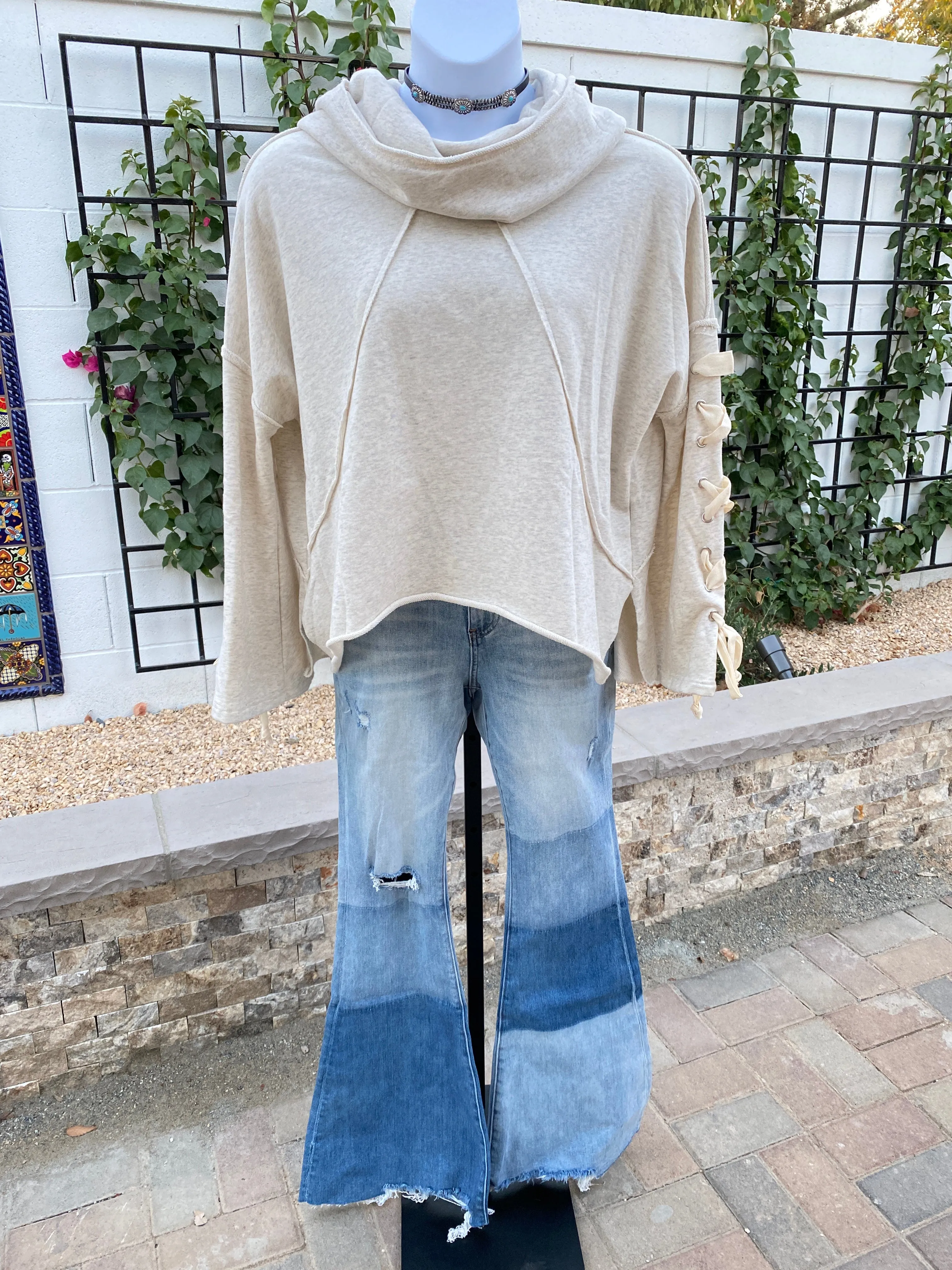 Ceros High Rise Patchwork Denim Flare Jeans with Distressing by Ceros