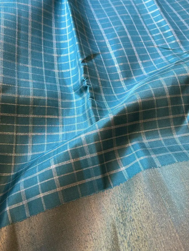 Charita Arctic blue gold silver checked kanchipuram silk saree