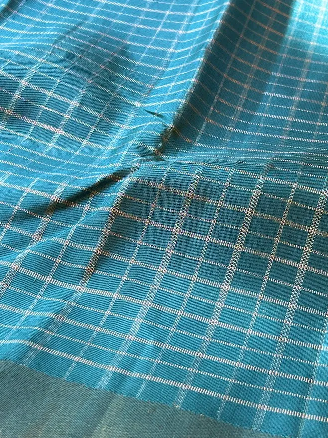 Charita Arctic blue gold silver checked kanchipuram silk saree