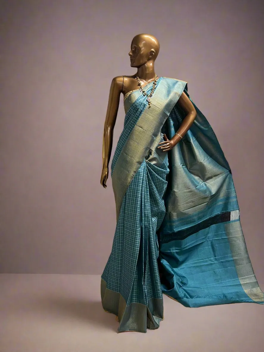 Charita Arctic blue gold silver checked kanchipuram silk saree
