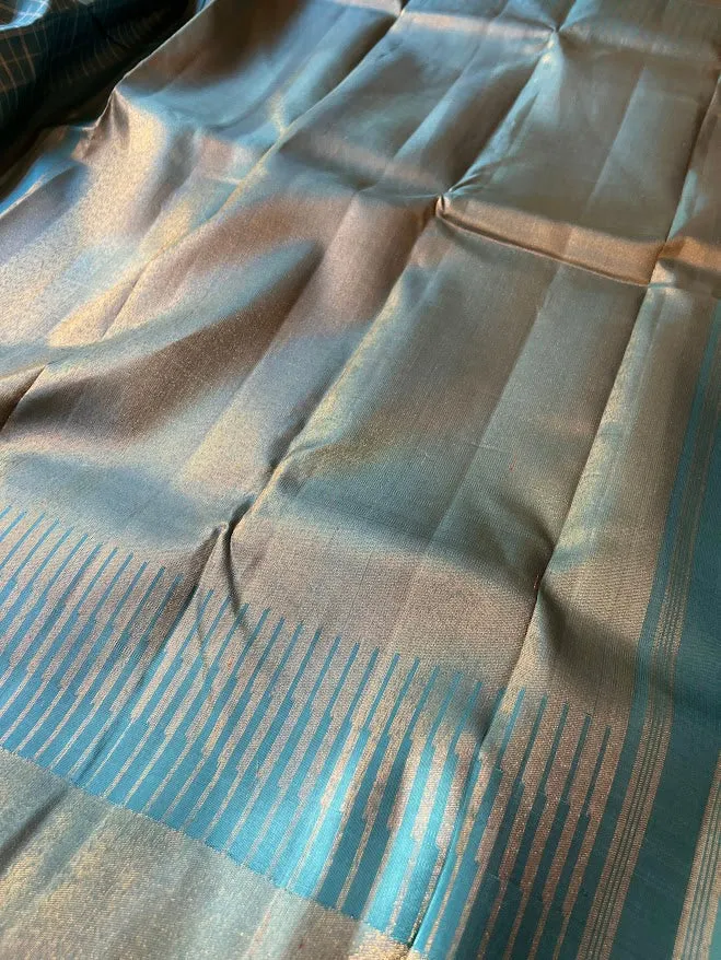 Charita Arctic blue gold silver checked kanchipuram silk saree