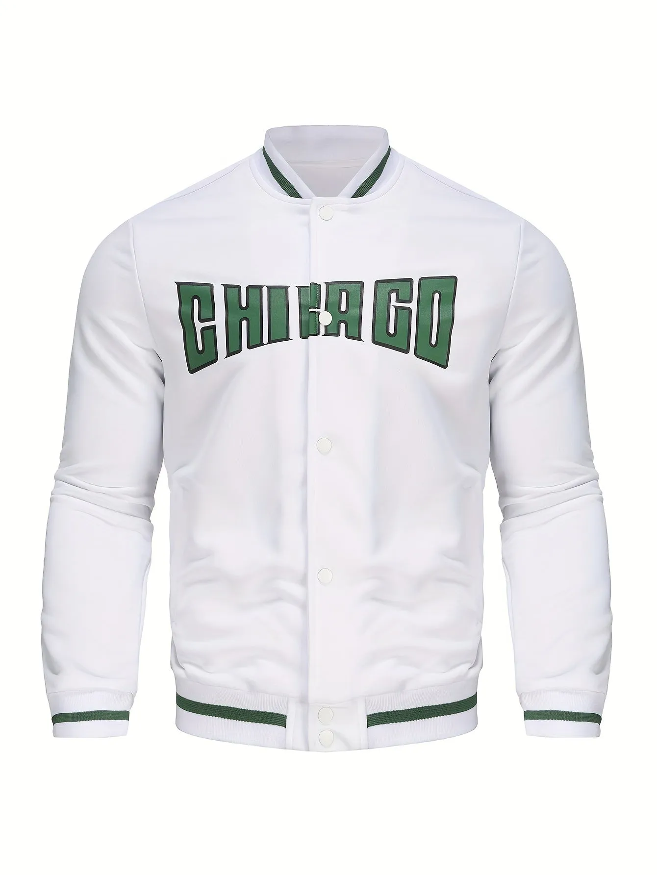 CHICAGO Print Men's Long Sleeve Button Up Baseball Jacket | Sports Coat