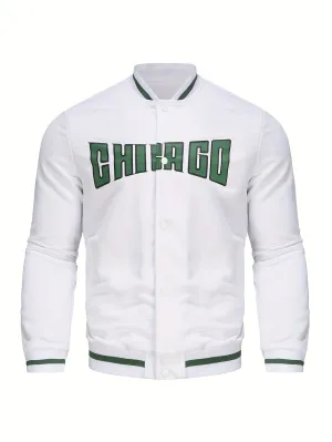CHICAGO Print Men's Long Sleeve Button Up Baseball Jacket | Sports Coat
