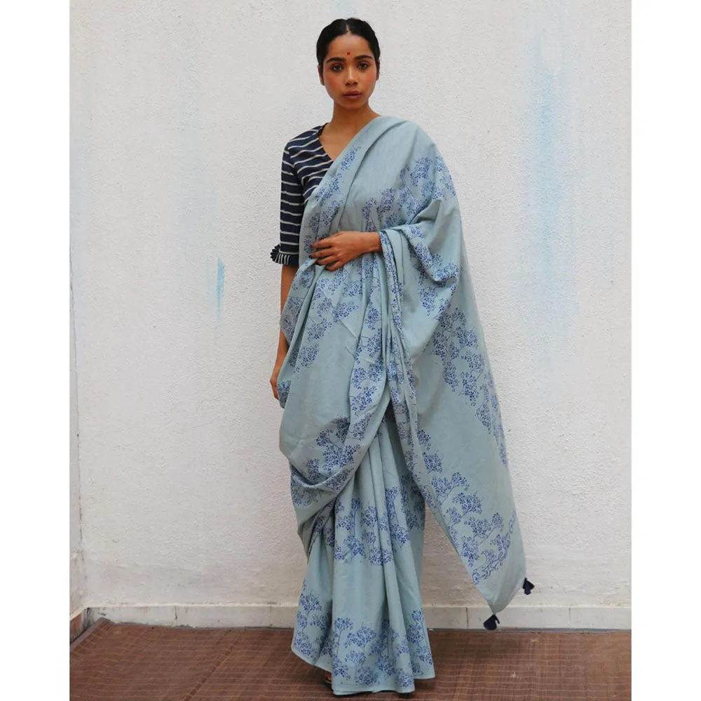 Chidiyaa Paakhi Almond Blossoms Hand Block Printed Cotton Saree with Unstitched Blouses
