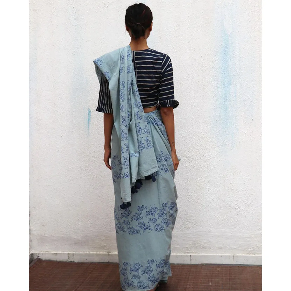 Chidiyaa Paakhi Almond Blossoms Hand Block Printed Cotton Saree with Unstitched Blouses