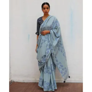 Chidiyaa Paakhi Almond Blossoms Hand Block Printed Cotton Saree with Unstitched Blouses