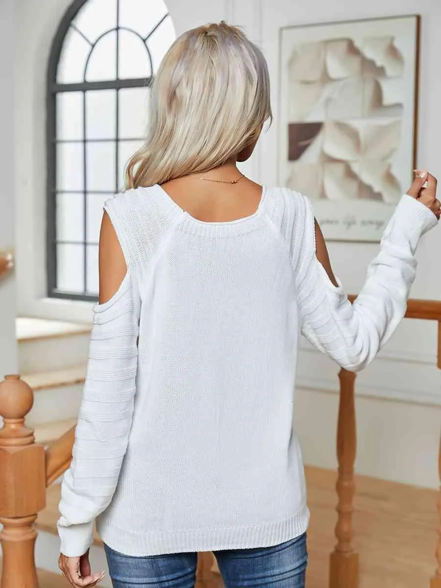Decorative Button Knitted Cold Shoulder Sweater