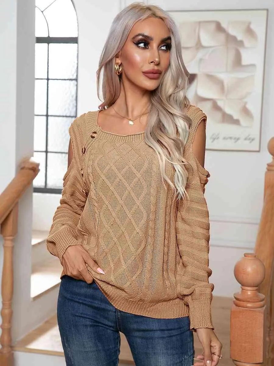 Decorative Button Knitted Cold Shoulder Sweater