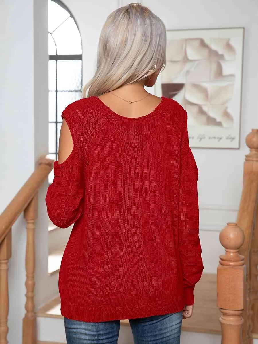 Decorative Button Knitted Cold Shoulder Sweater