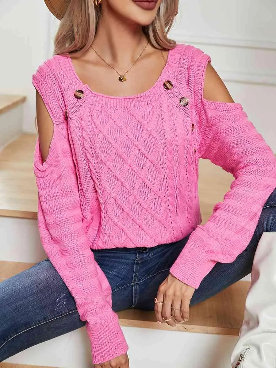 Decorative Button Knitted Cold Shoulder Sweater