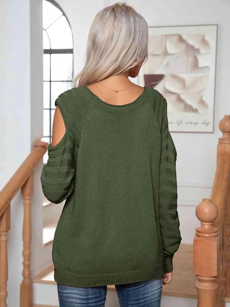Decorative Button Knitted Cold Shoulder Sweater