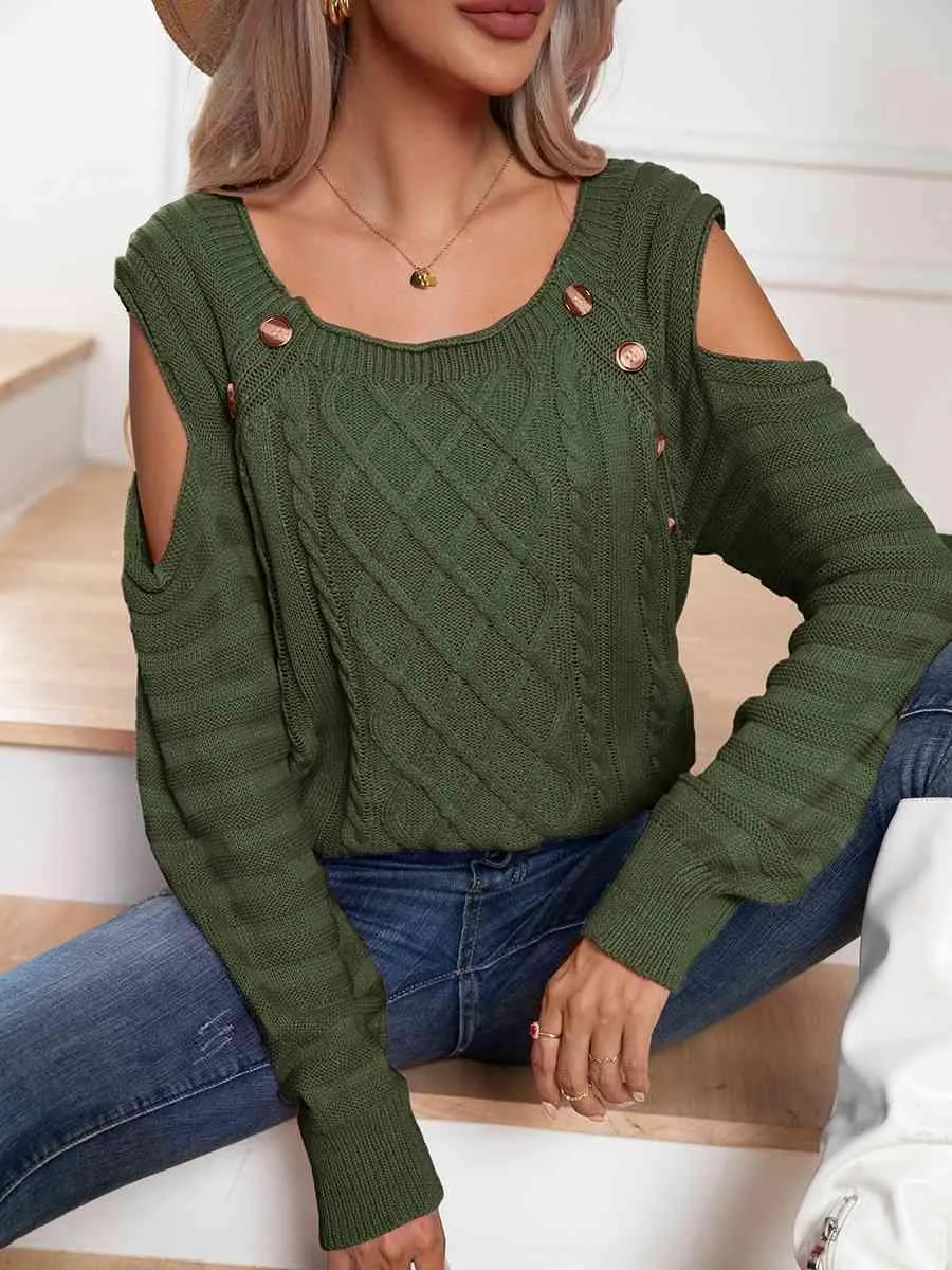 Decorative Button Knitted Cold Shoulder Sweater