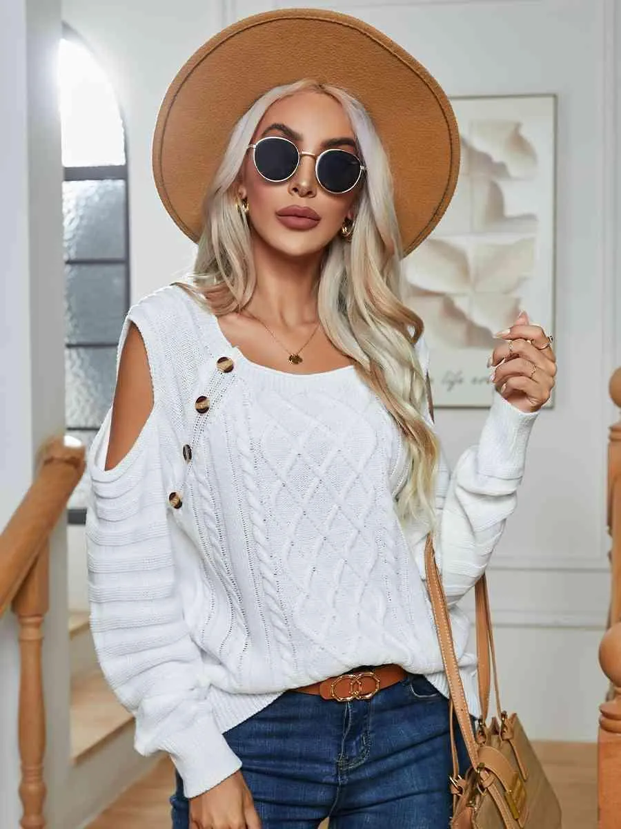 Decorative Button Knitted Cold Shoulder Sweater