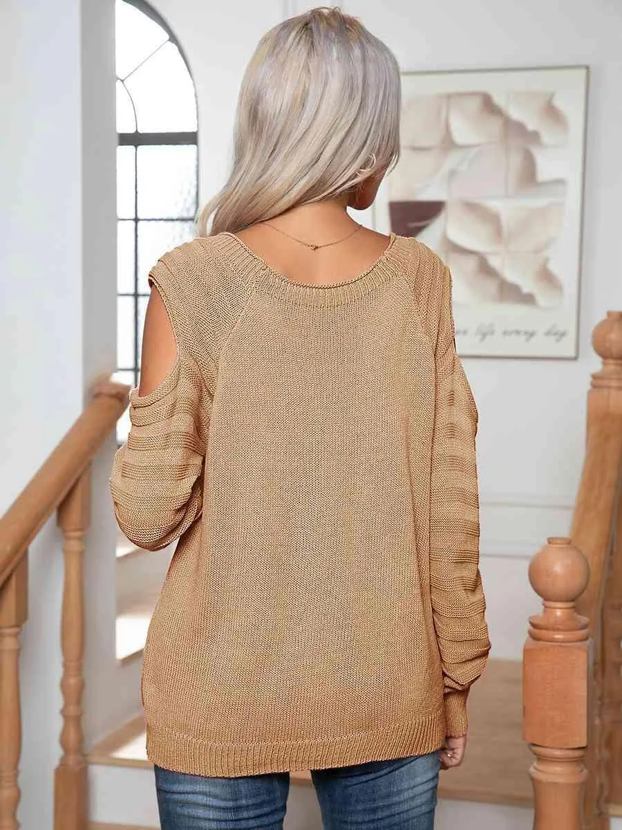 Decorative Button Knitted Cold Shoulder Sweater