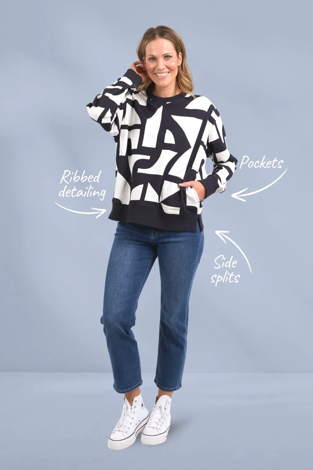 Elm Dali Geo Print Crew Midnight White
