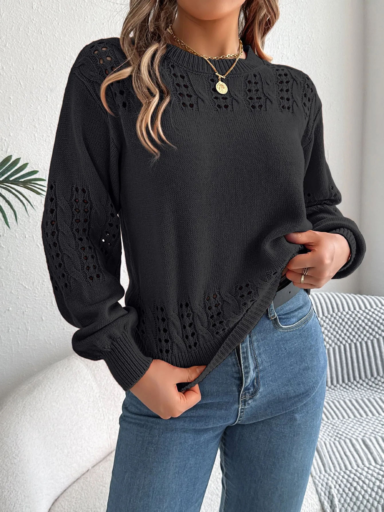 Fashion Hollow-out Lantern Sleeve Pullover Sweaters