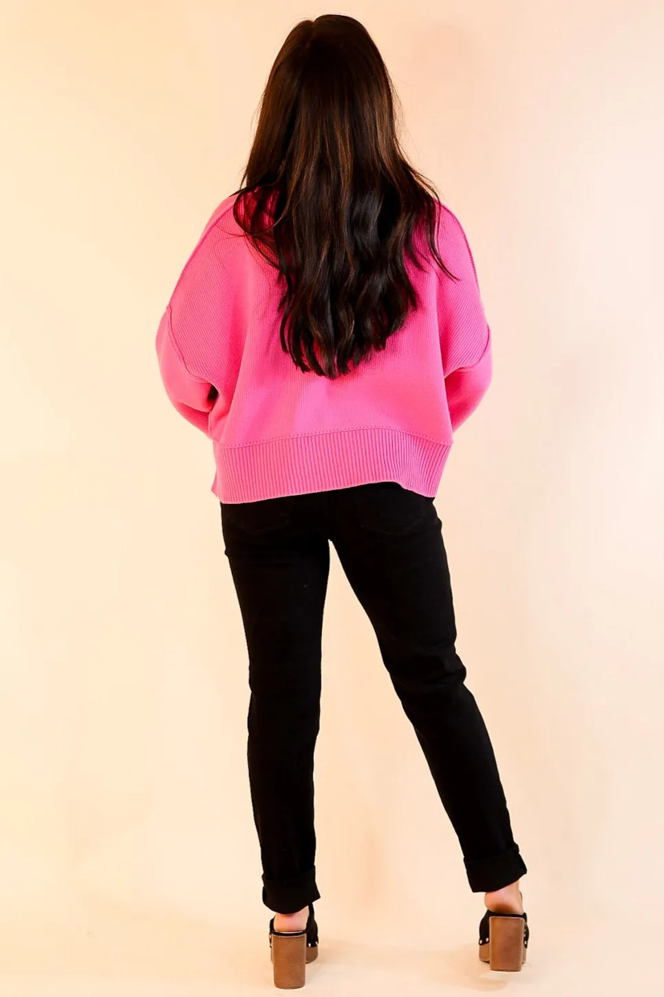 Fireside Fit Cropped Long Sleeve Mock Neck Sweater in Fuchsia Pink
