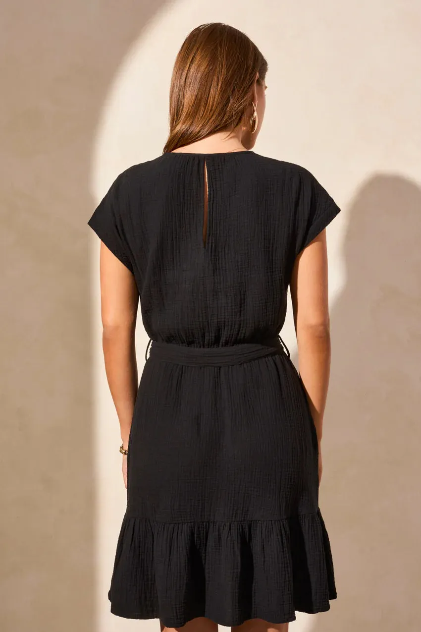 Gauze Cap Sleeve Dress in Black