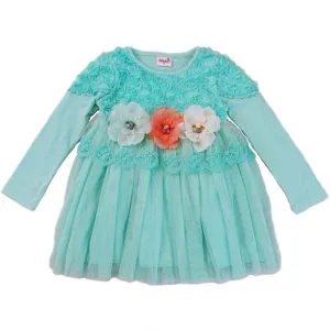 Girls Teal 3-D Flowers Lace Embellished Dress S (9-24M)-XL (6-8)