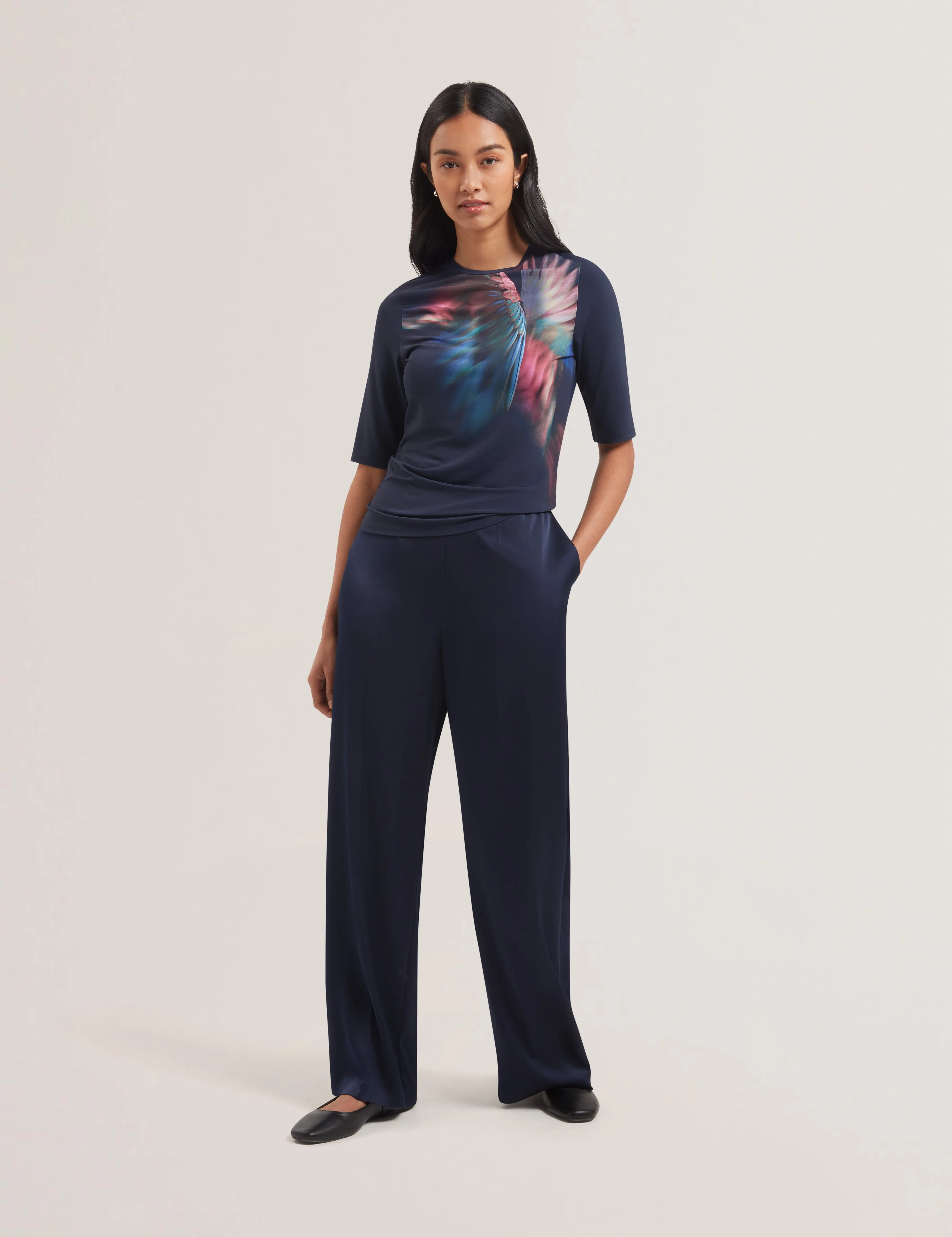 Hannaz Printed Slinky Jersey Half Sleeve Top Navy